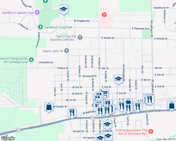 map of restaurants, bars, coffee shops, grocery stores, and more near 202 Lisbon Street in Sandwich