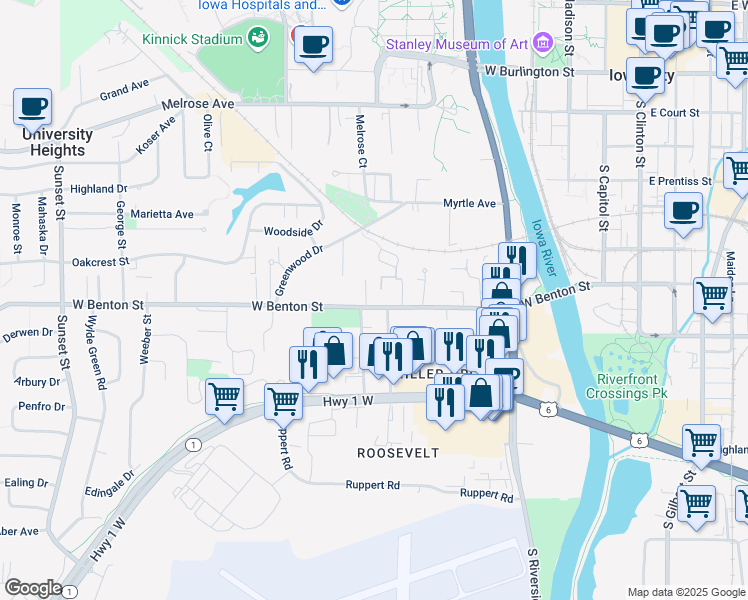 map of restaurants, bars, coffee shops, grocery stores, and more near 600 West Benton Street in Iowa City