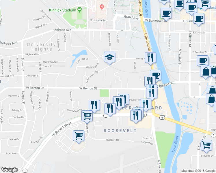 map of restaurants, bars, coffee shops, grocery stores, and more near 600 West Benton Street in Iowa City