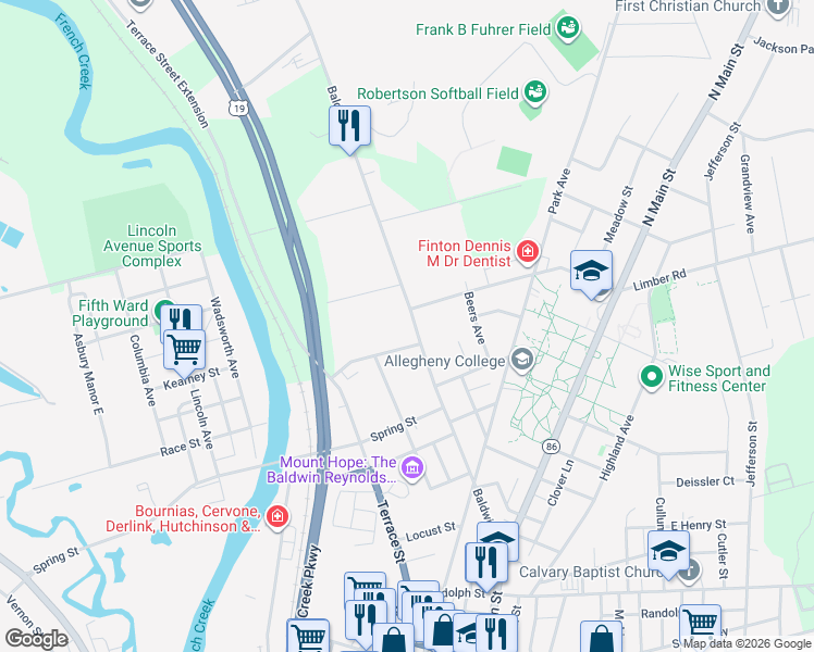 map of restaurants, bars, coffee shops, grocery stores, and more near 516 Baldwin Street in Meadville