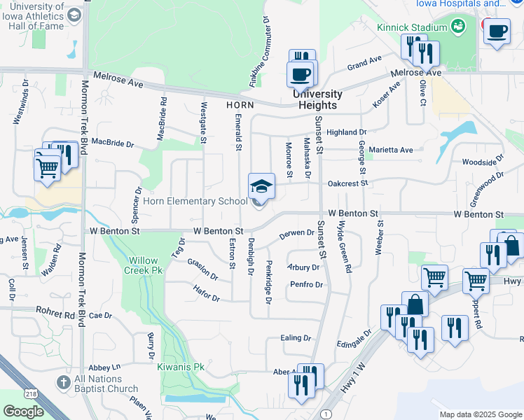 map of restaurants, bars, coffee shops, grocery stores, and more near 600 Koser Avenue in Iowa City