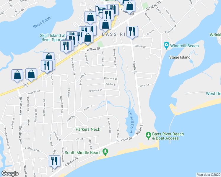 map of restaurants, bars, coffee shops, grocery stores, and more near 16 Braddock Street in Yarmouth