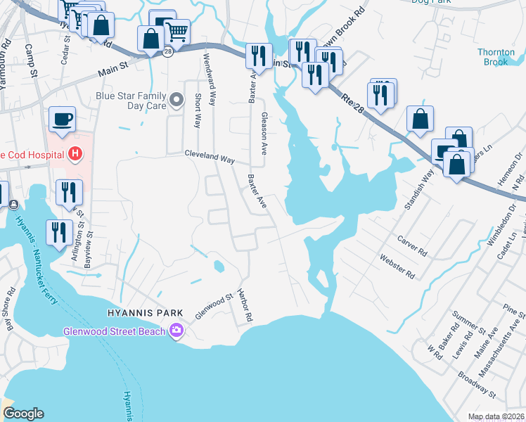 map of restaurants, bars, coffee shops, grocery stores, and more near 127 Baxter Avenue in Yarmouth