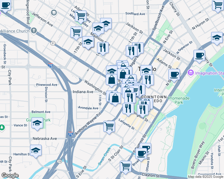 map of restaurants, bars, coffee shops, grocery stores, and more near 34 10th Street in Toledo