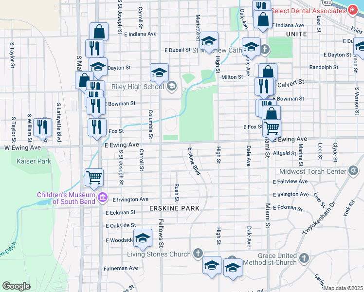 map of restaurants, bars, coffee shops, grocery stores, and more near 588 East Ewing Avenue in South Bend