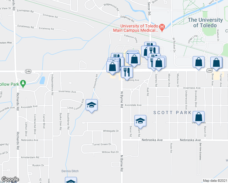 map of restaurants, bars, coffee shops, grocery stores, and more near 1011 North Byrne Road in Toledo