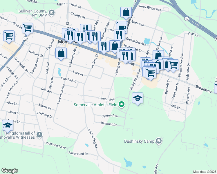 map of restaurants, bars, coffee shops, grocery stores, and more near 4 Myrtle Avenue in Monticello