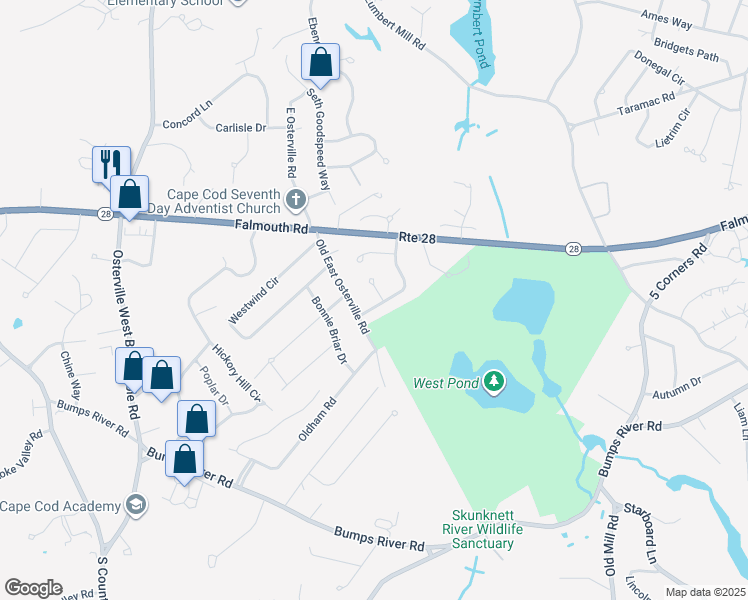 map of restaurants, bars, coffee shops, grocery stores, and more near 99 King Arthur Drive in Barnstable