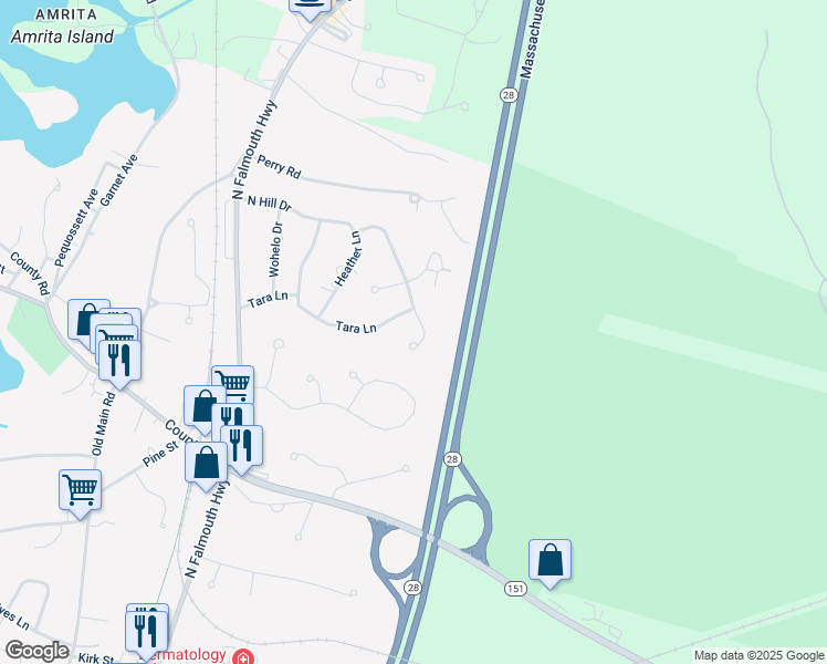map of restaurants, bars, coffee shops, grocery stores, and more near 75 Frederick B Douglas Road in Falmouth