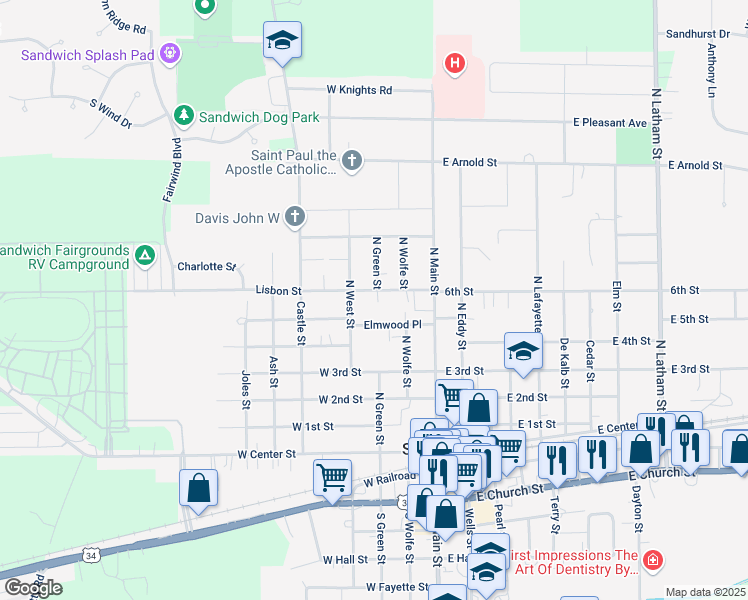map of restaurants, bars, coffee shops, grocery stores, and more near 202 Lisbon Street in Sandwich