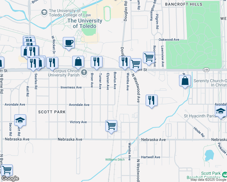map of restaurants, bars, coffee shops, grocery stores, and more near 1023 Bowlus Avenue in Toledo