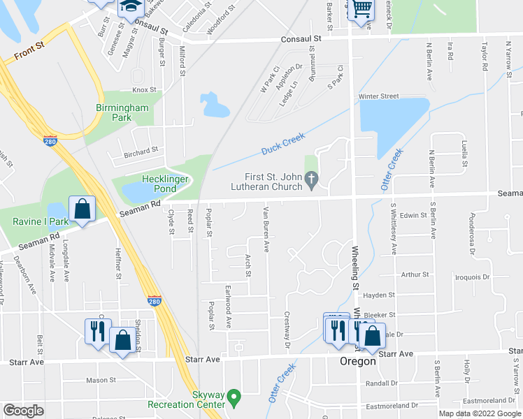 map of restaurants, bars, coffee shops, grocery stores, and more near 14 Van Buren Avenue in Toledo