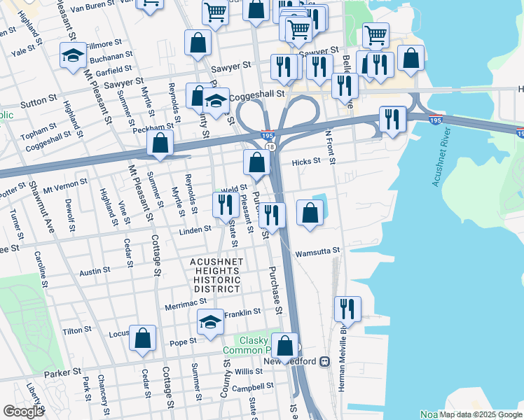 map of restaurants, bars, coffee shops, grocery stores, and more near 1812 Purchase Street in New Bedford