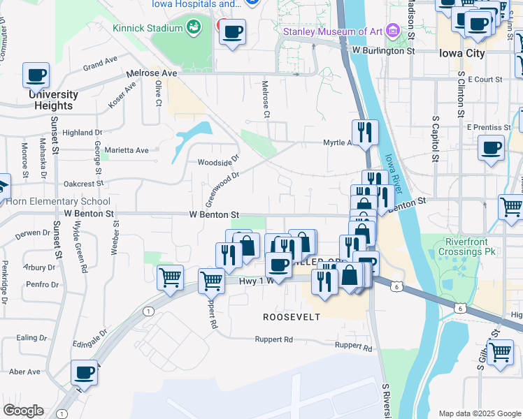 map of restaurants, bars, coffee shops, grocery stores, and more near 600 West Benton Street in Iowa City