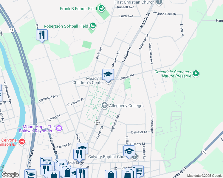 map of restaurants, bars, coffee shops, grocery stores, and more near 421 North Main Street in Meadville