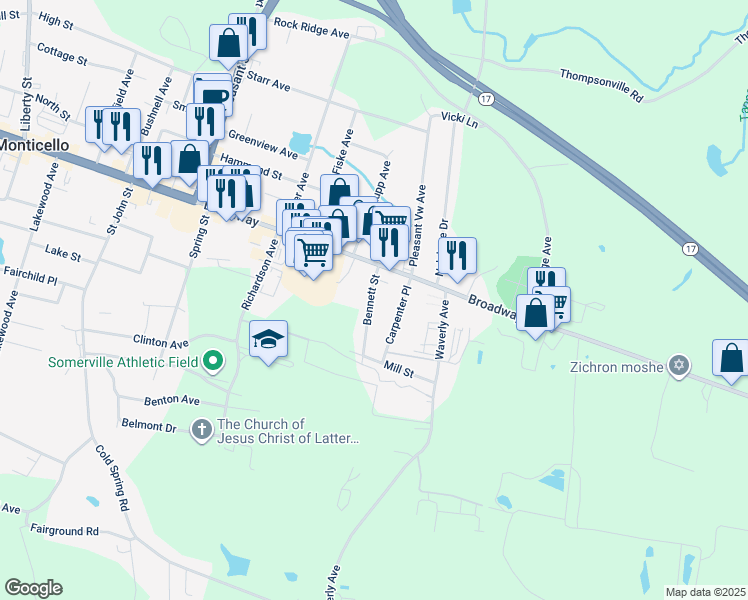 map of restaurants, bars, coffee shops, grocery stores, and more near 21 Bennett Street in Monticello