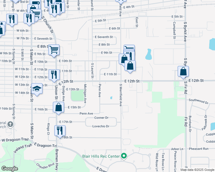 map of restaurants, bars, coffee shops, grocery stores, and more near 811 East 12th Street in Mishawaka
