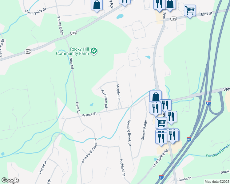 map of restaurants, bars, coffee shops, grocery stores, and more near 19 Murphy Drive in Rocky Hill