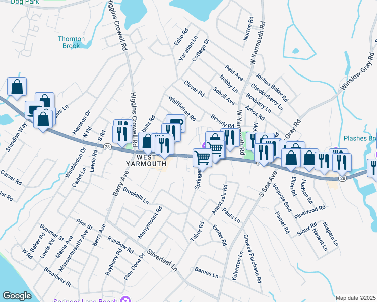 map of restaurants, bars, coffee shops, grocery stores, and more near 492 Main Street in Yarmouth