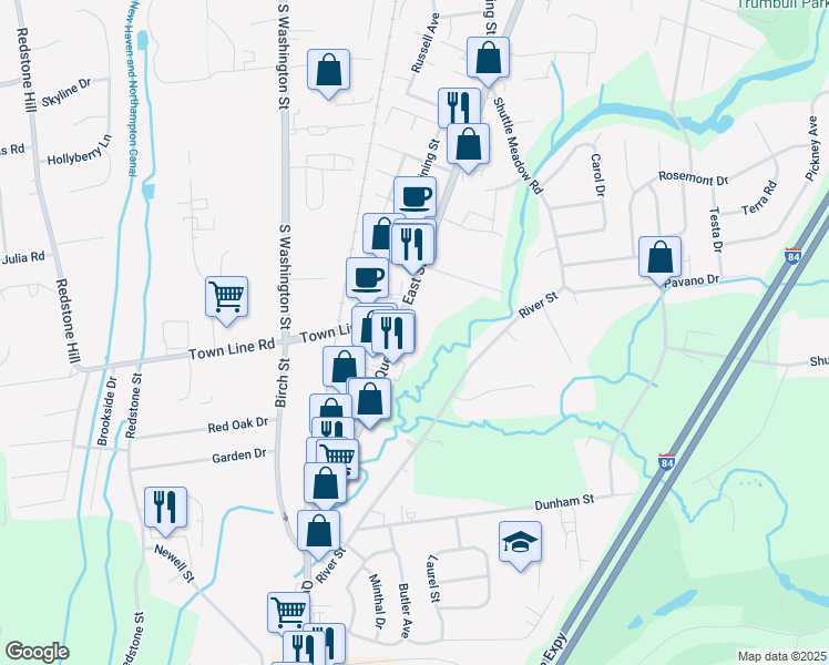 map of restaurants, bars, coffee shops, grocery stores, and more near 1273 Queen Street in Southington