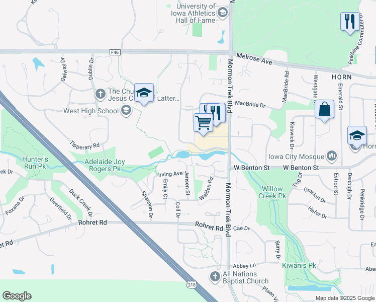 map of restaurants, bars, coffee shops, grocery stores, and more near 2617 Westwinds Drive in Iowa City