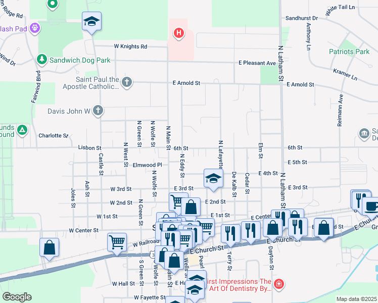map of restaurants, bars, coffee shops, grocery stores, and more near 110 6th Street in Sandwich