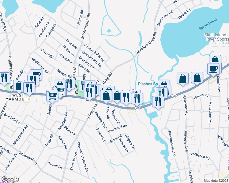 map of restaurants, bars, coffee shops, grocery stores, and more near 35 Ernest Road in Yarmouth