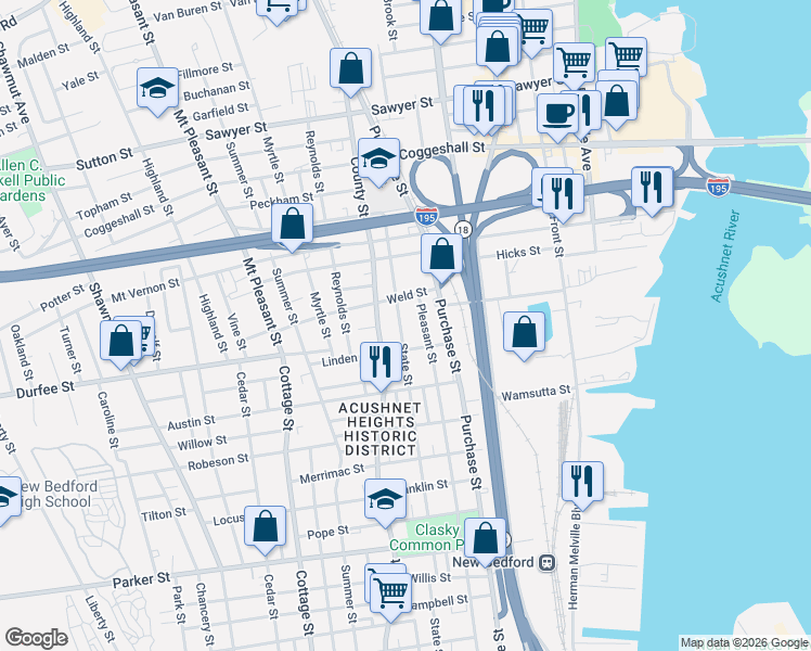 map of restaurants, bars, coffee shops, grocery stores, and more near 220 State Street in New Bedford
