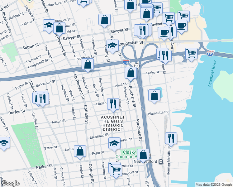 map of restaurants, bars, coffee shops, grocery stores, and more near 869 County Street in New Bedford