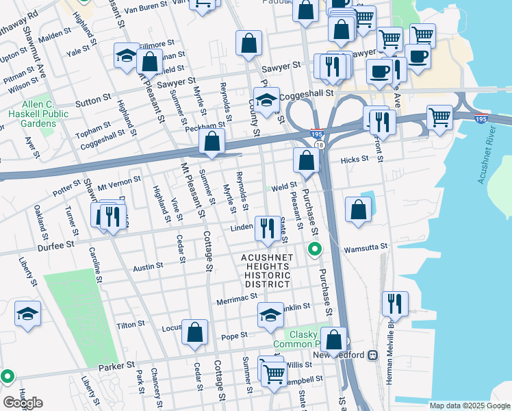 map of restaurants, bars, coffee shops, grocery stores, and more near 869 County Street in New Bedford