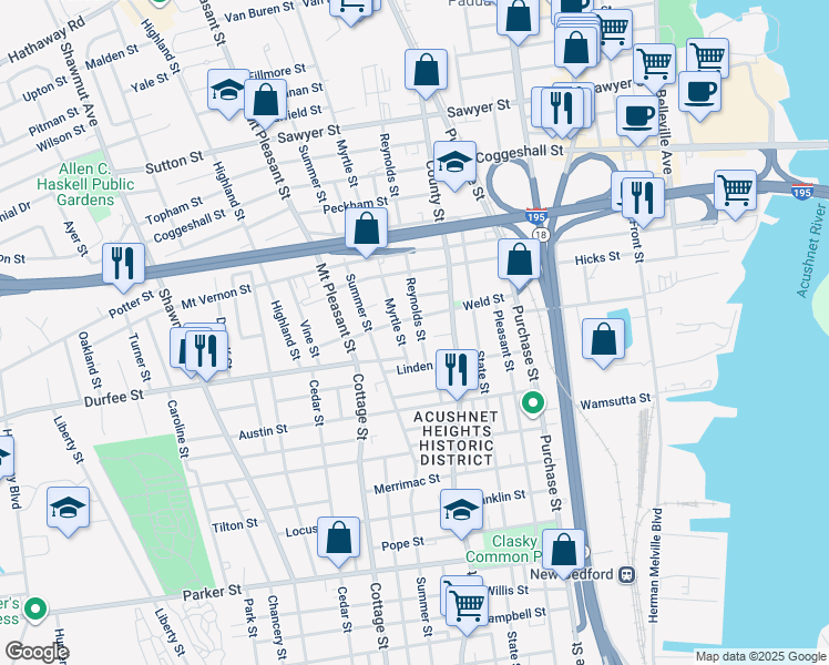 map of restaurants, bars, coffee shops, grocery stores, and more near 21 Reynolds Street in New Bedford