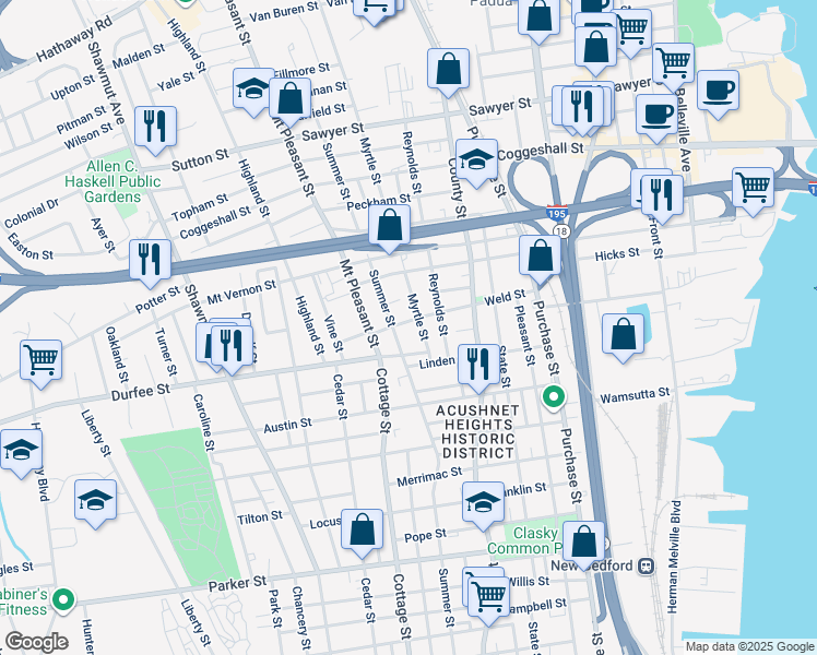 map of restaurants, bars, coffee shops, grocery stores, and more near 446 Summer Street in New Bedford
