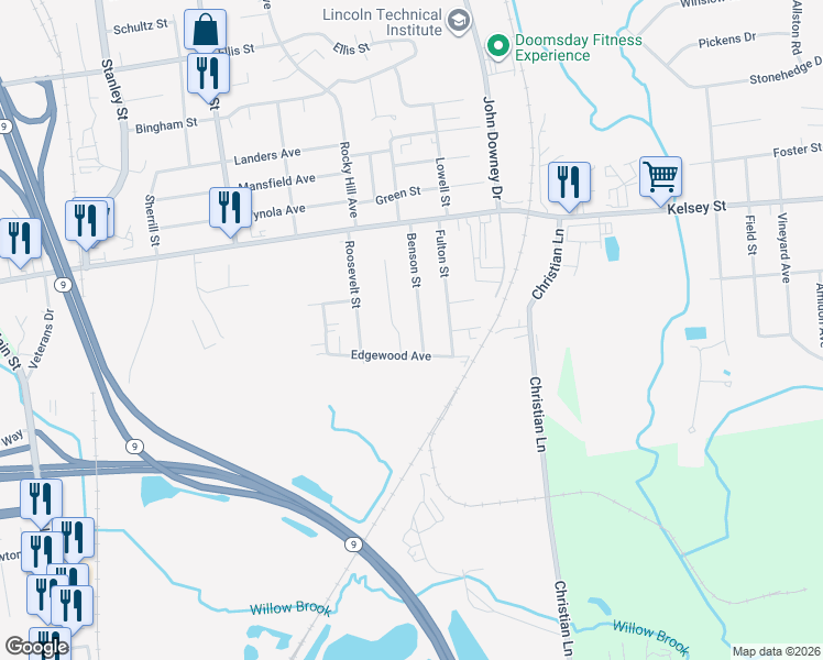 map of restaurants, bars, coffee shops, grocery stores, and more near 125 Benson Street in New Britain