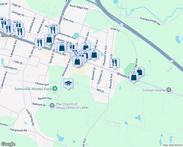 map of restaurants, bars, coffee shops, grocery stores, and more near 21 Bennett Street in Monticello