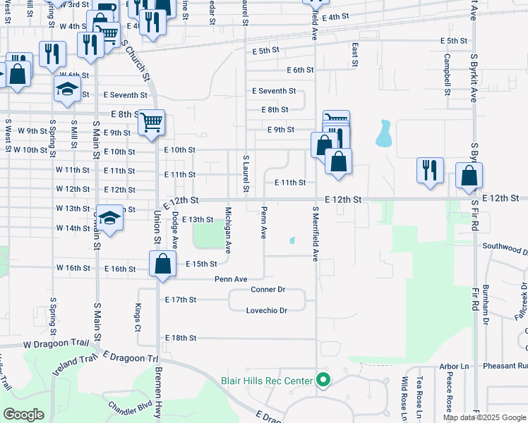 map of restaurants, bars, coffee shops, grocery stores, and more near 1124 Penn Avenue in Mishawaka