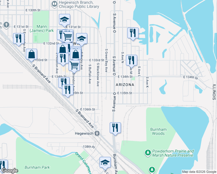 map of restaurants, bars, coffee shops, grocery stores, and more near 13400 South Green Bay Avenue in Chicago