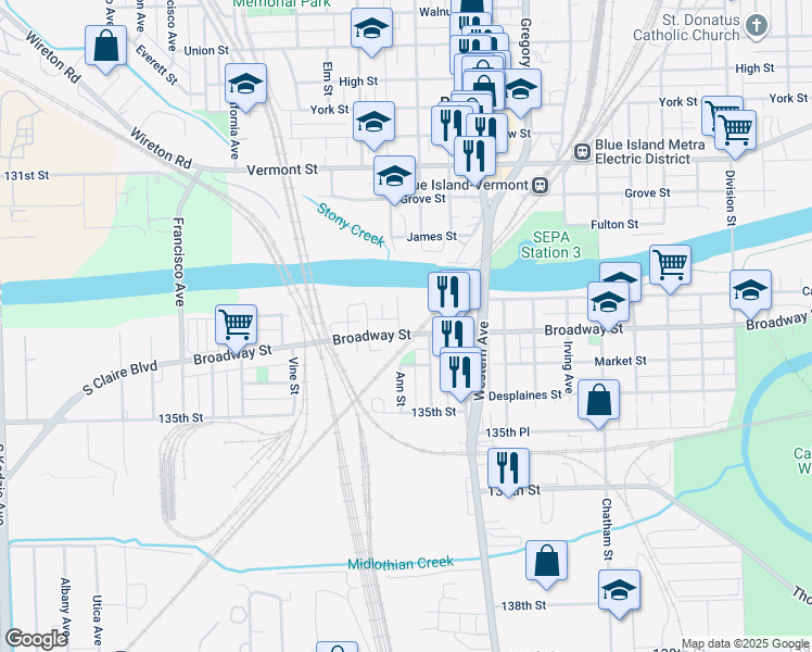 map of restaurants, bars, coffee shops, grocery stores, and more near 2524 Ann Street in Blue Island