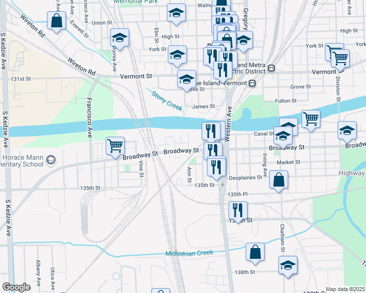 map of restaurants, bars, coffee shops, grocery stores, and more near 2542 Broadway Street in Blue Island