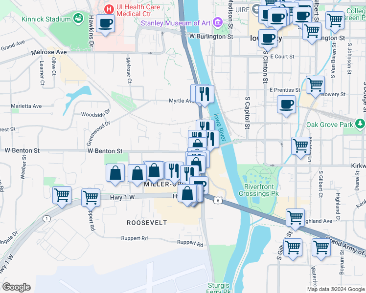 map of restaurants, bars, coffee shops, grocery stores, and more near 206 West Benton Street in Iowa City