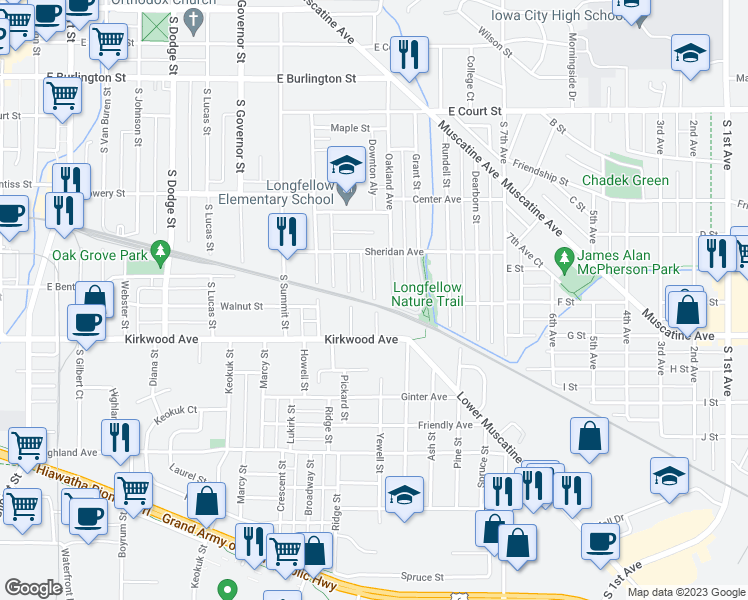 map of restaurants, bars, coffee shops, grocery stores, and more near 899 Maggard Street in Iowa City