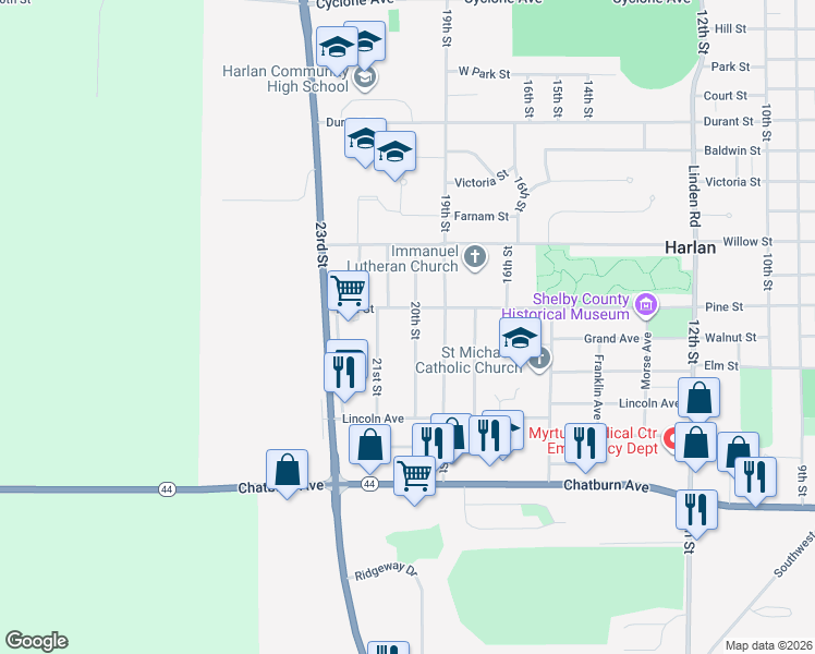 map of restaurants, bars, coffee shops, grocery stores, and more near 1807 20th Street in Harlan