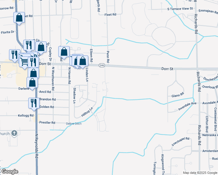 map of restaurants, bars, coffee shops, grocery stores, and more near 1120 Pine Valley Lane in Toledo
