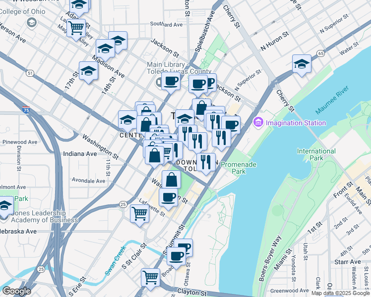 map of restaurants, bars, coffee shops, grocery stores, and more near 140 North Huron Street in Toledo