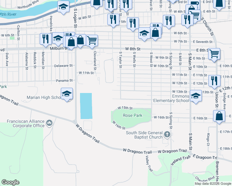map of restaurants, bars, coffee shops, grocery stores, and more near 898 West 14th Street in Mishawaka