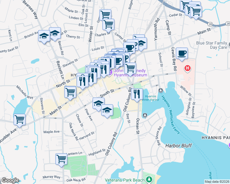 map of restaurants, bars, coffee shops, grocery stores, and more near 261 South Street in Barnstable