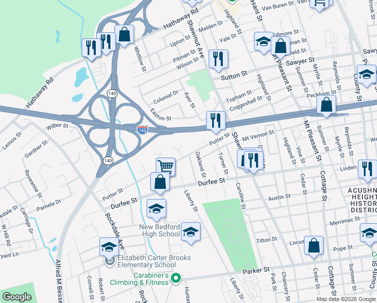 map of restaurants, bars, coffee shops, grocery stores, and more near 211 Potter Street in New Bedford