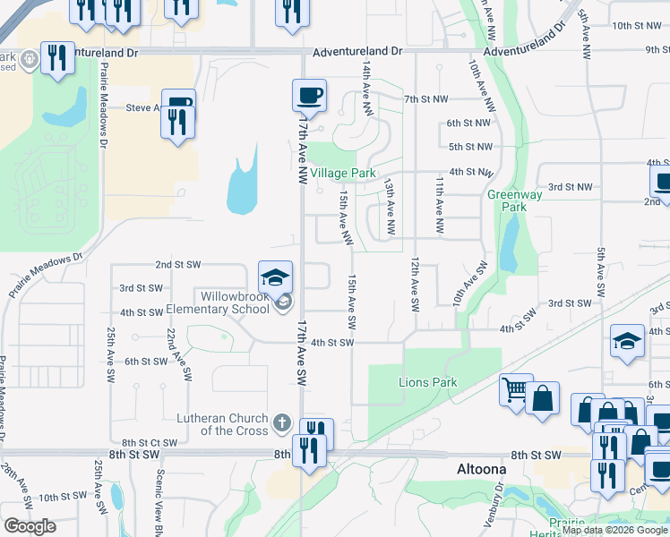 map of restaurants, bars, coffee shops, grocery stores, and more near 1655 Glade Drive Southwest in Altoona