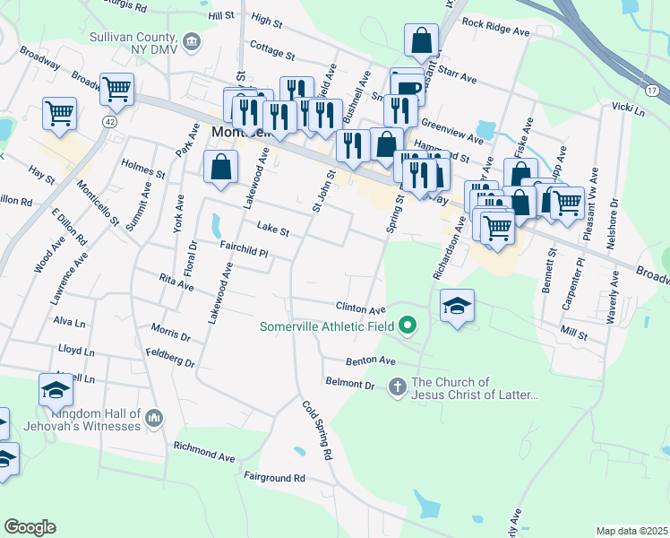 map of restaurants, bars, coffee shops, grocery stores, and more near 63 Saint John Street in Monticello
