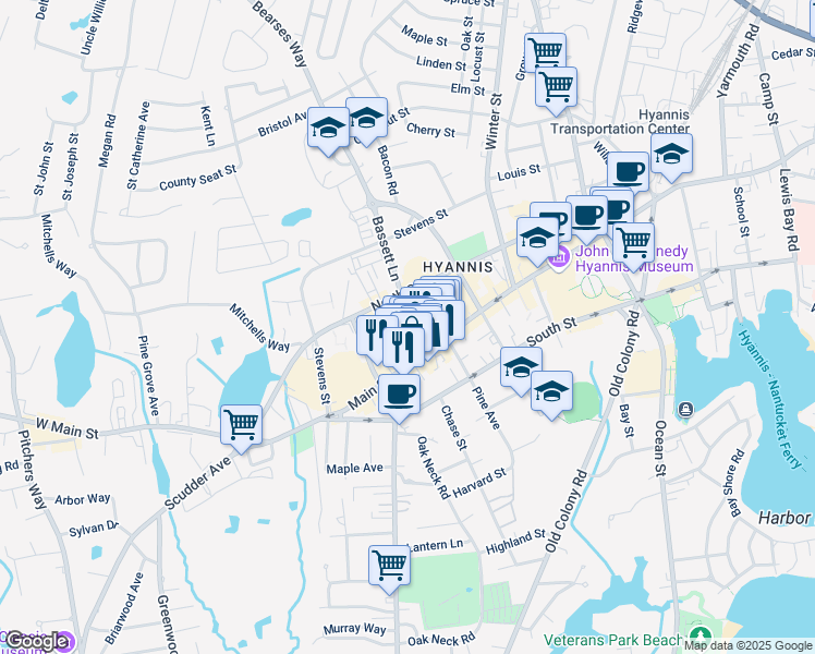 map of restaurants, bars, coffee shops, grocery stores, and more near 29 Bassett Lane in Barnstable