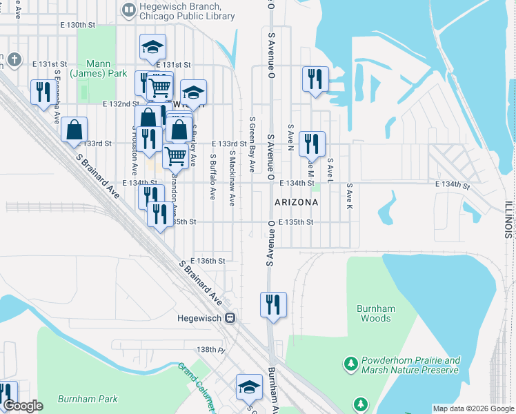 map of restaurants, bars, coffee shops, grocery stores, and more near 13444 South Avenue O in Chicago